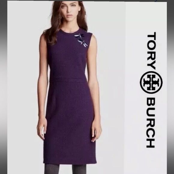 Tory Burch size M Jada Embellished Jewels Dragonfly Wool Dress Plum shift NEW - Picture 1 of 16